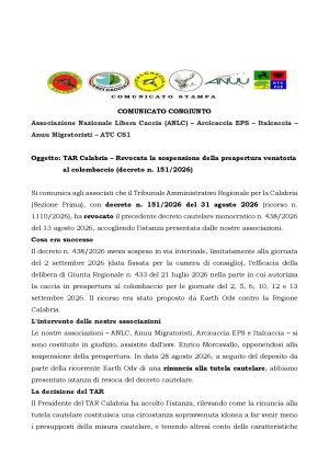 TAR CALABRIA - REVOCATA LA SOSPENSIONE DELLA PREAPERTURA VENATORIO AL COLOMBACCIO (DECRETO N. 151/2026)   &nbsp;